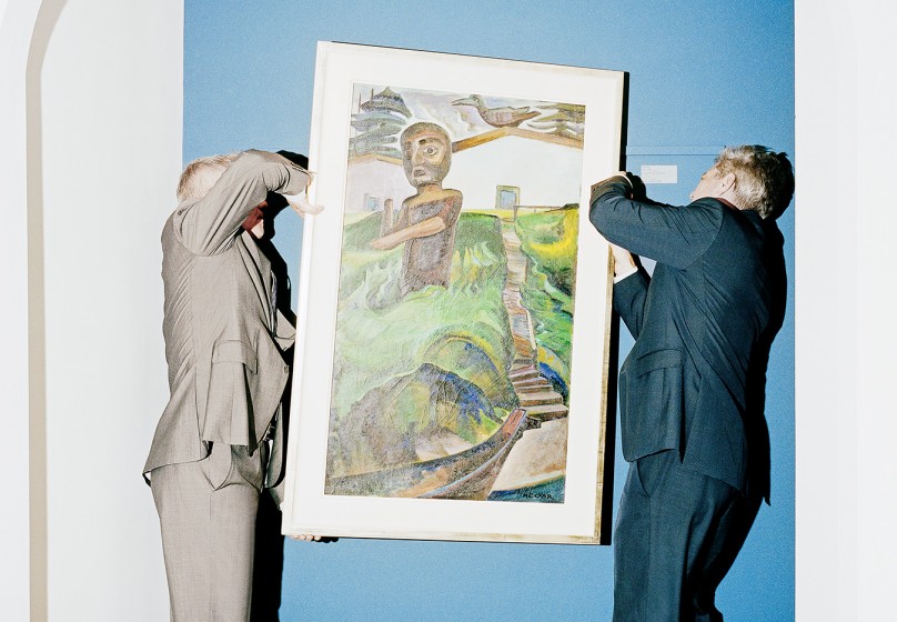 The Heffel brothers lift The Crazy Stair (The Crooked Staircase), 1928-1930, an Emily Carr painting that sold for a record-breaking $3.39-million at Heffel’s fall auction last year